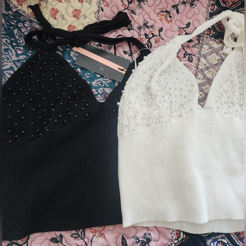 Black and White Beaded Halter Tops